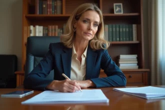 Femme signant des documents de divorce dans un bureau moderne