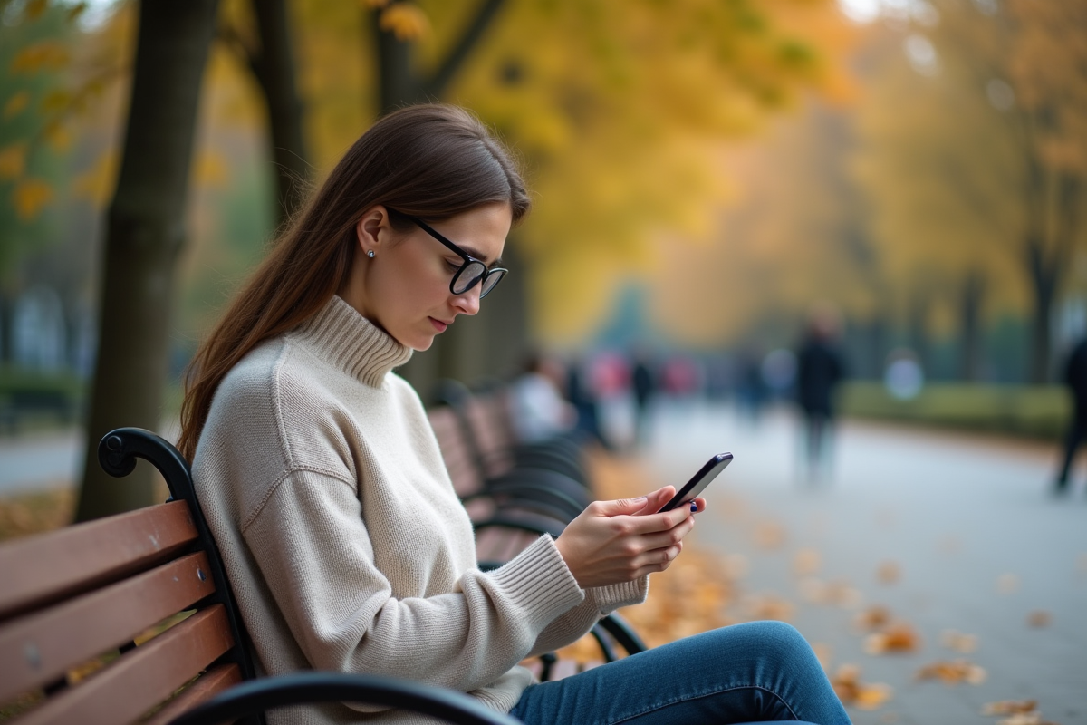 Femme adulte assise sur un banc de parc utilisant son smartphone