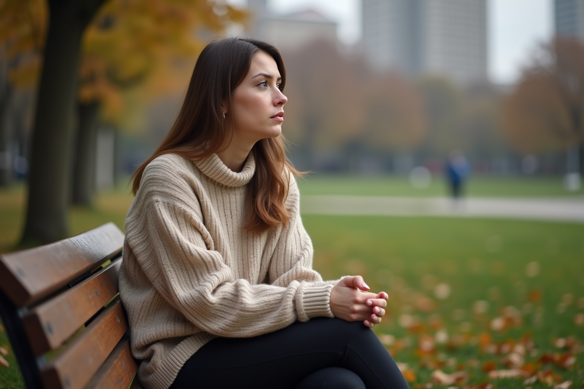 Femme contemplative assise sur un banc dans un parc en automne