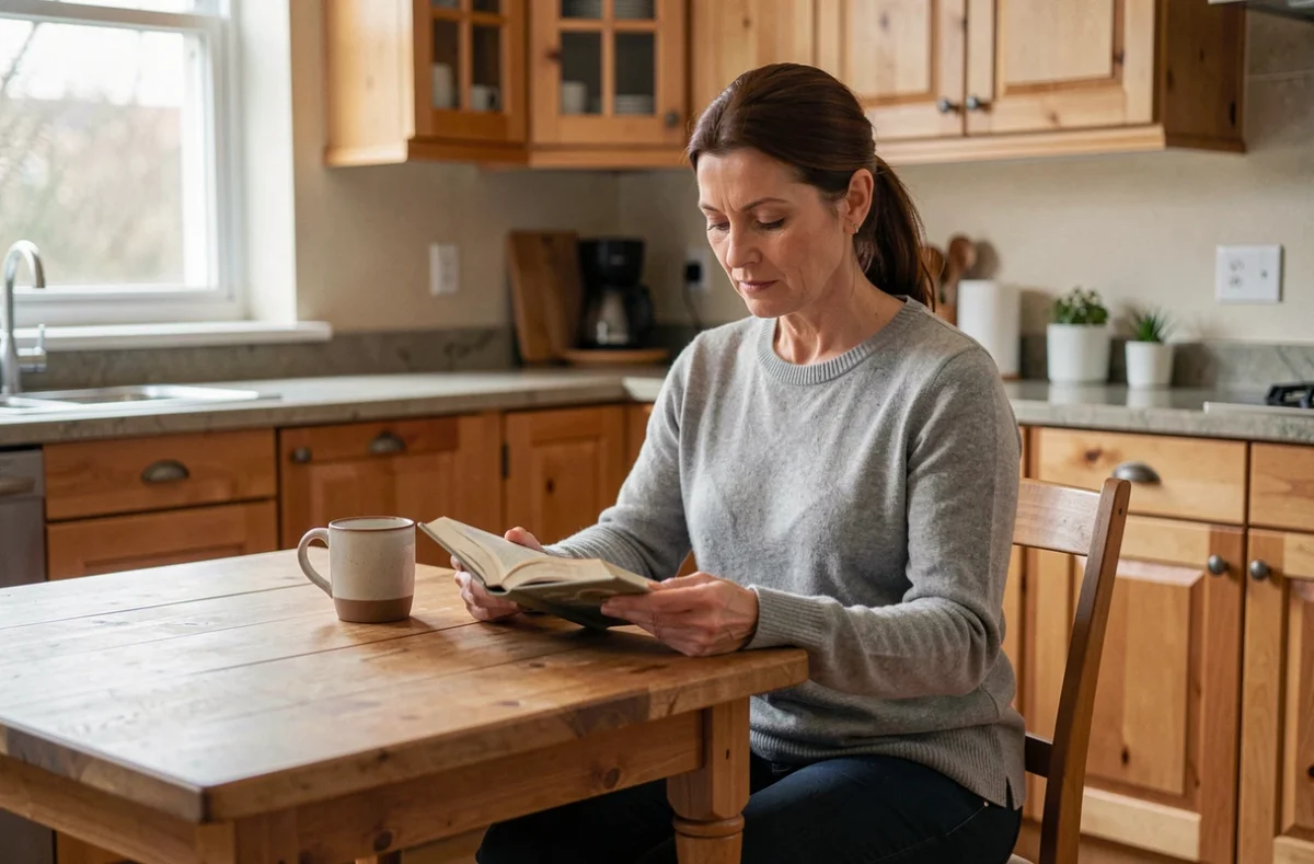 Femme posée lisant dans une cuisine familiale confortable, illustration de la vie privée préservée loin des projecteurs