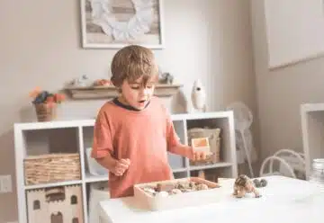 boy in orange crew neck t-shirt standing in front of white wooden table with cupcakes