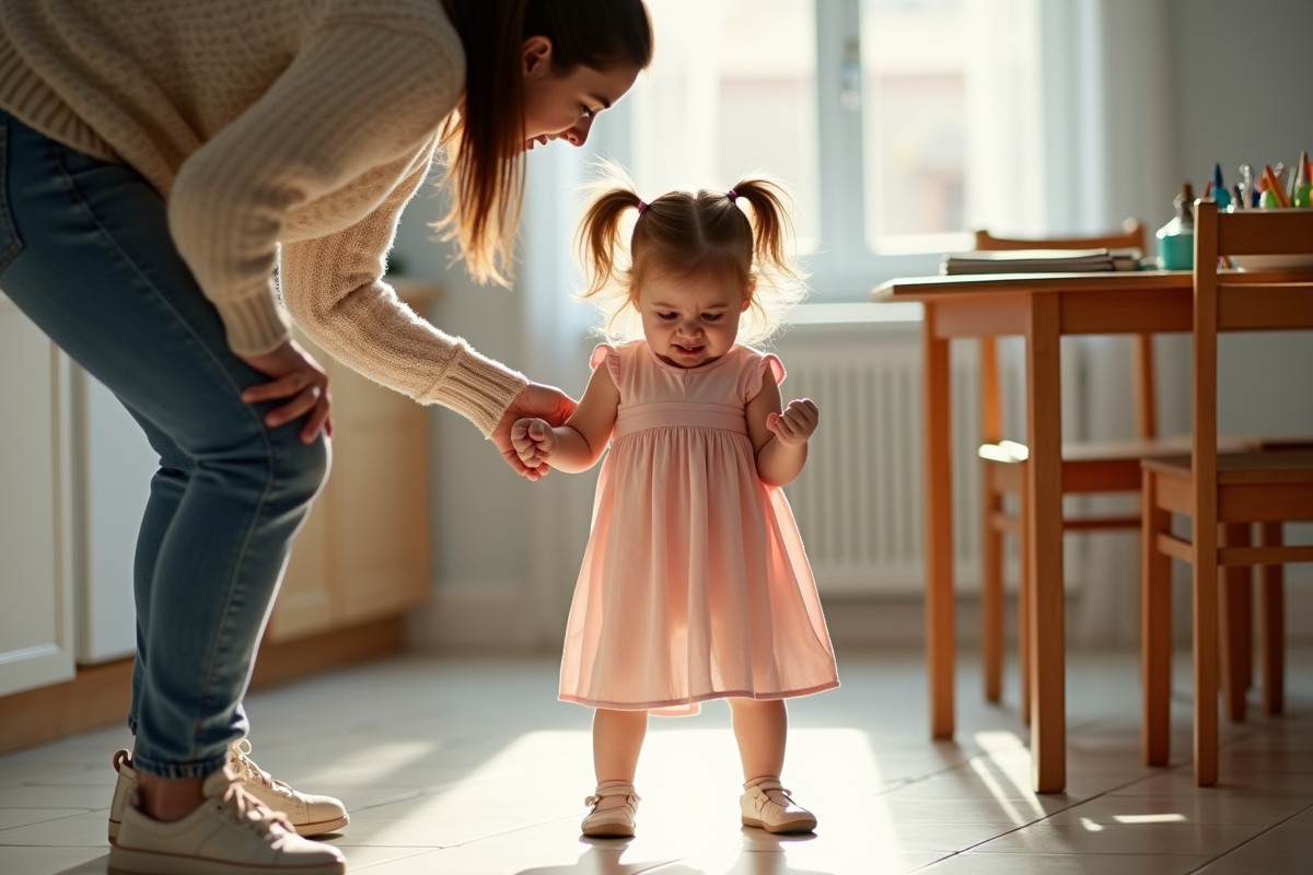 Fille en colère dans la cuisine avec parent apaisant