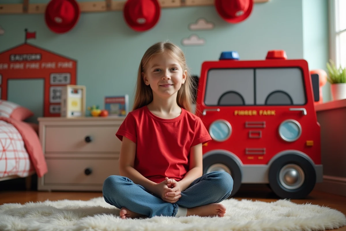 Fille assise sur un tapis avec un coffre à jouets de pompier en bois