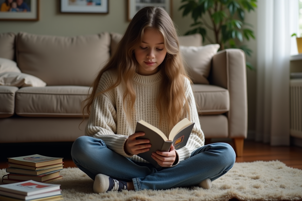 Fille adolescente assise sur un tapis en lisant un livre avec son téléphone à côté