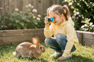 Fillette de 8 ans utilisant un appareil photo numérique pour enfant pour photographier un lapin dans un jardin