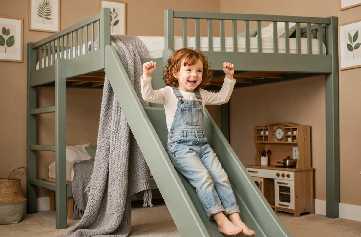Fillette souriante glissant sur le toboggan de son lit cabane en bois vert sauge dans une chambre cosy et personnalisée