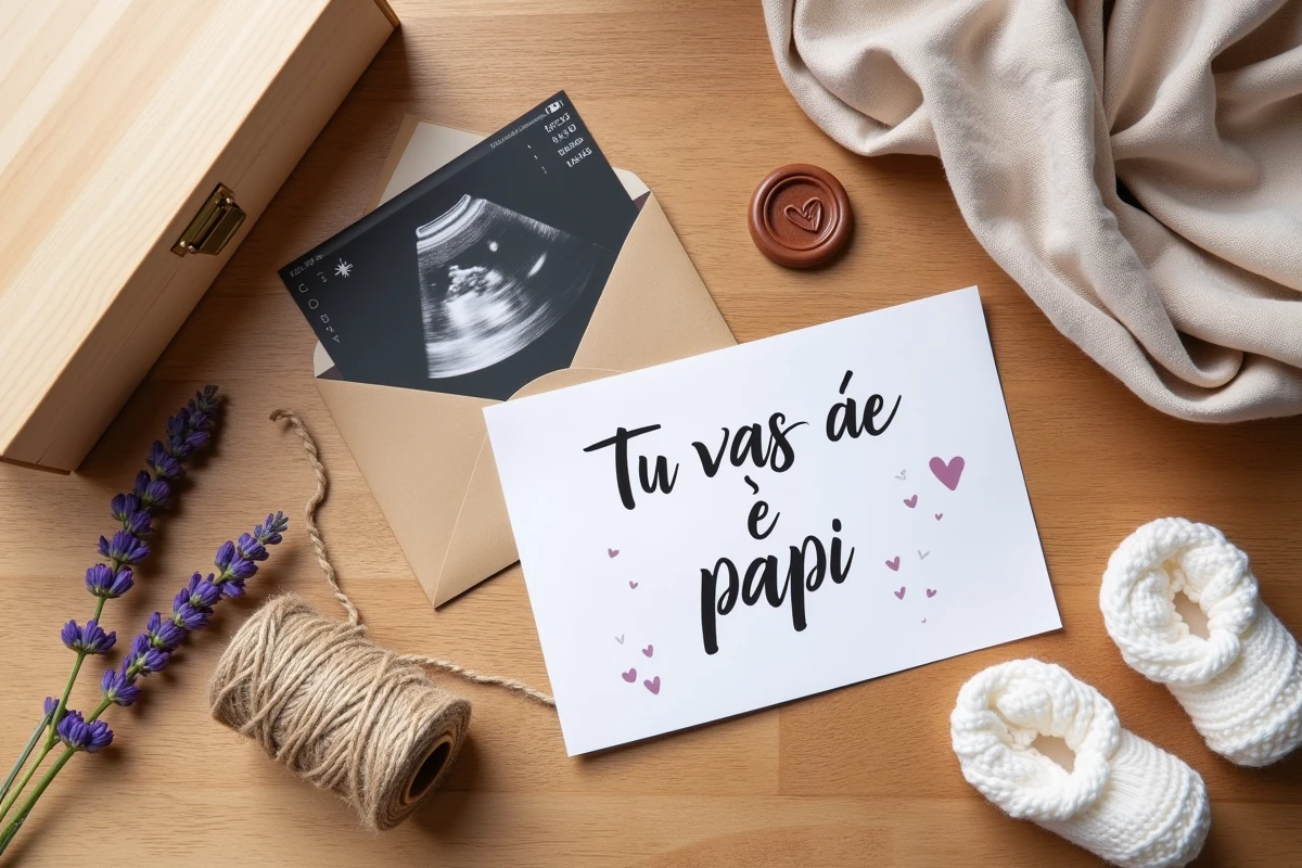 Flat lay d'un kit cadeau DIY complet pour annoncer une grossesse aux grands-parents avec boîte en bois, échographie et carte écrite à la main