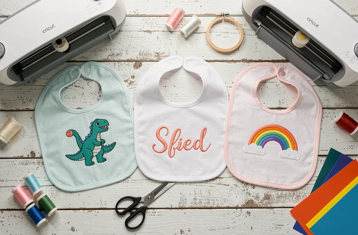 Flatlay de bavoirs personnalisés avec flex et broderie entourés d'outils de loisirs créatifs sur fond bois blanc