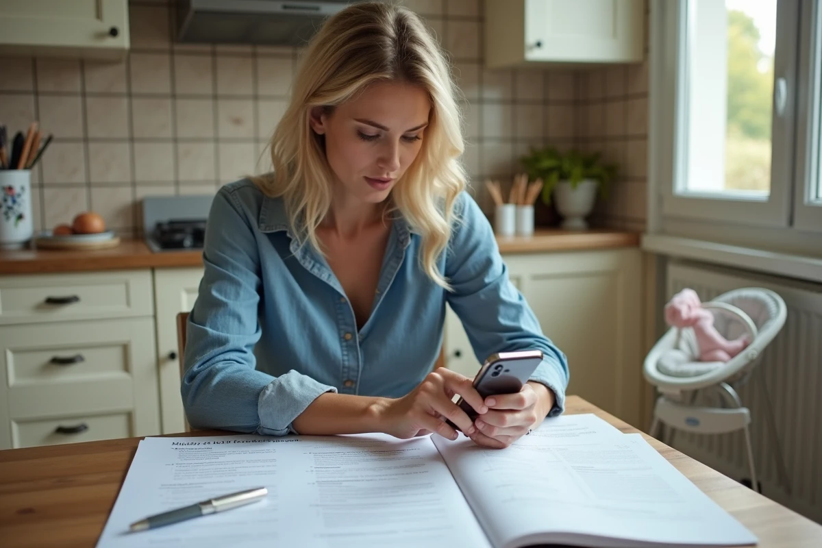 Mère remplissant un formulaire CAF pour justifier un temps partiel 80% dans sa cuisine familiale