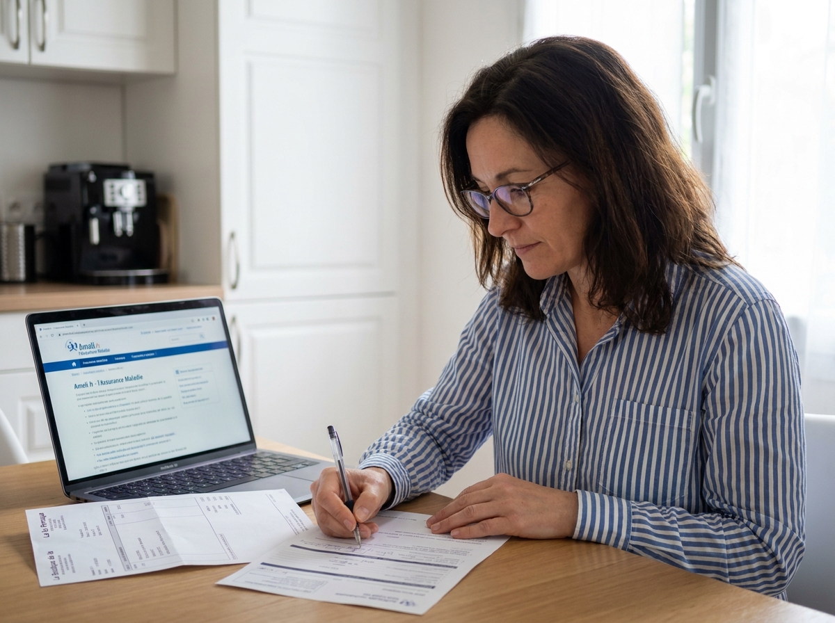 Femme remplissant un formulaire de remboursement de prothèse capillaire par la Sécurité sociale à domicile