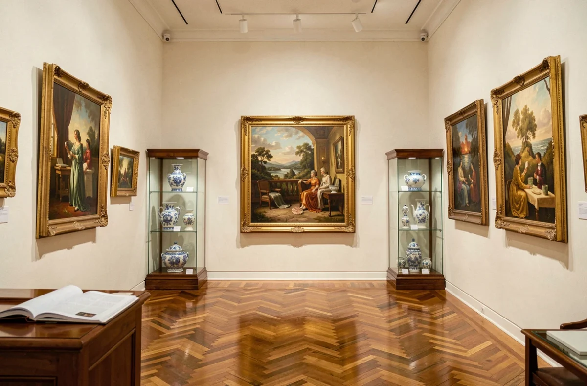 Galerie d'art privée avec tableaux impressionnistes encadrés dorés et objets de collection en porcelaine illustrant un patrimoine artistique et culturel précieux