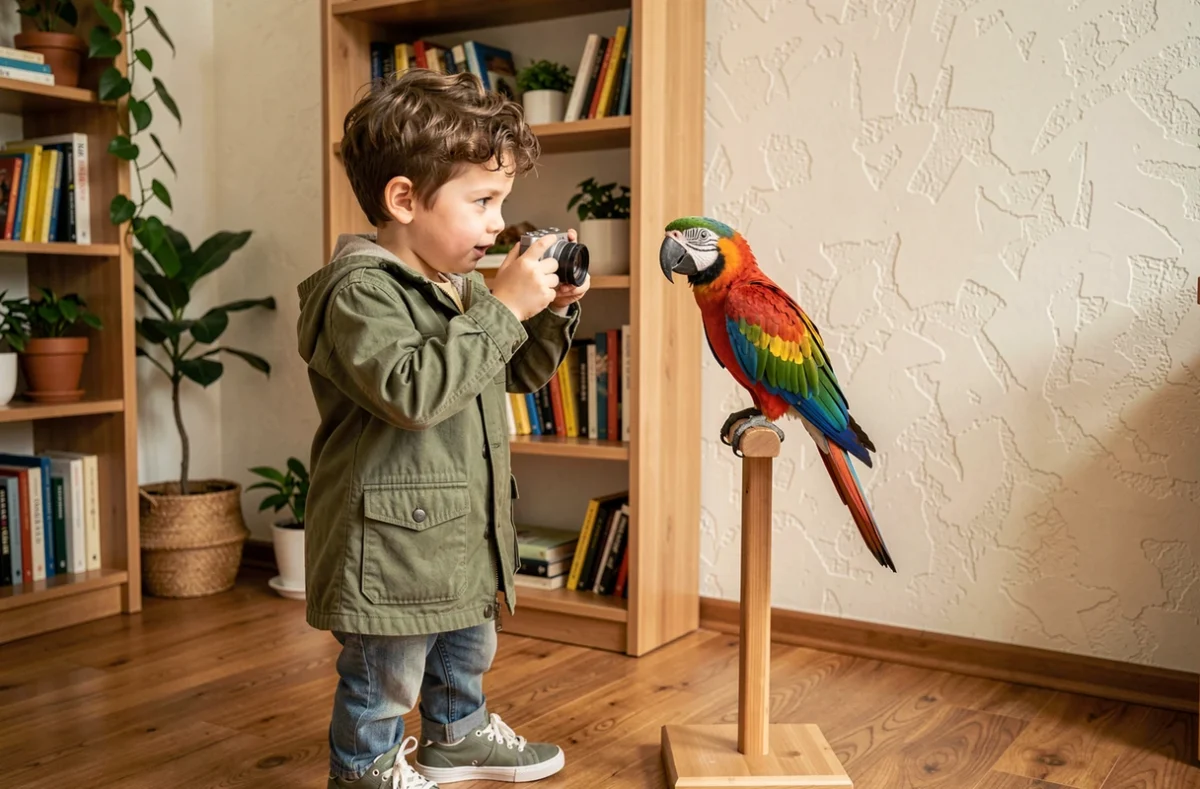 Garçon de 9 ans photographiant un perroquet coloré avec un appareil photo numérique pour enfant dans un salon