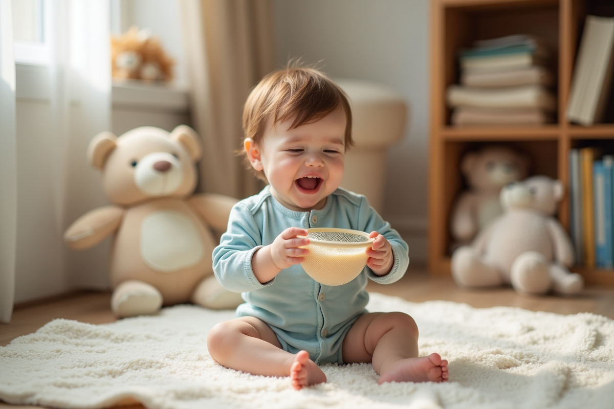 Bébé garçon en pyjama bleu jouant avec un mangeur de poire