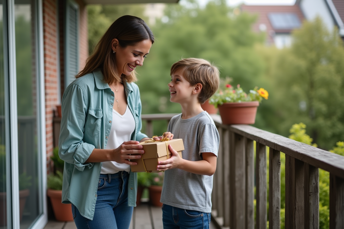 Adolescent offrant un cadeau à sa mère sur un balcon