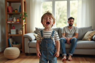 Garçon en crise dans un salon ensoleille avec parent calme