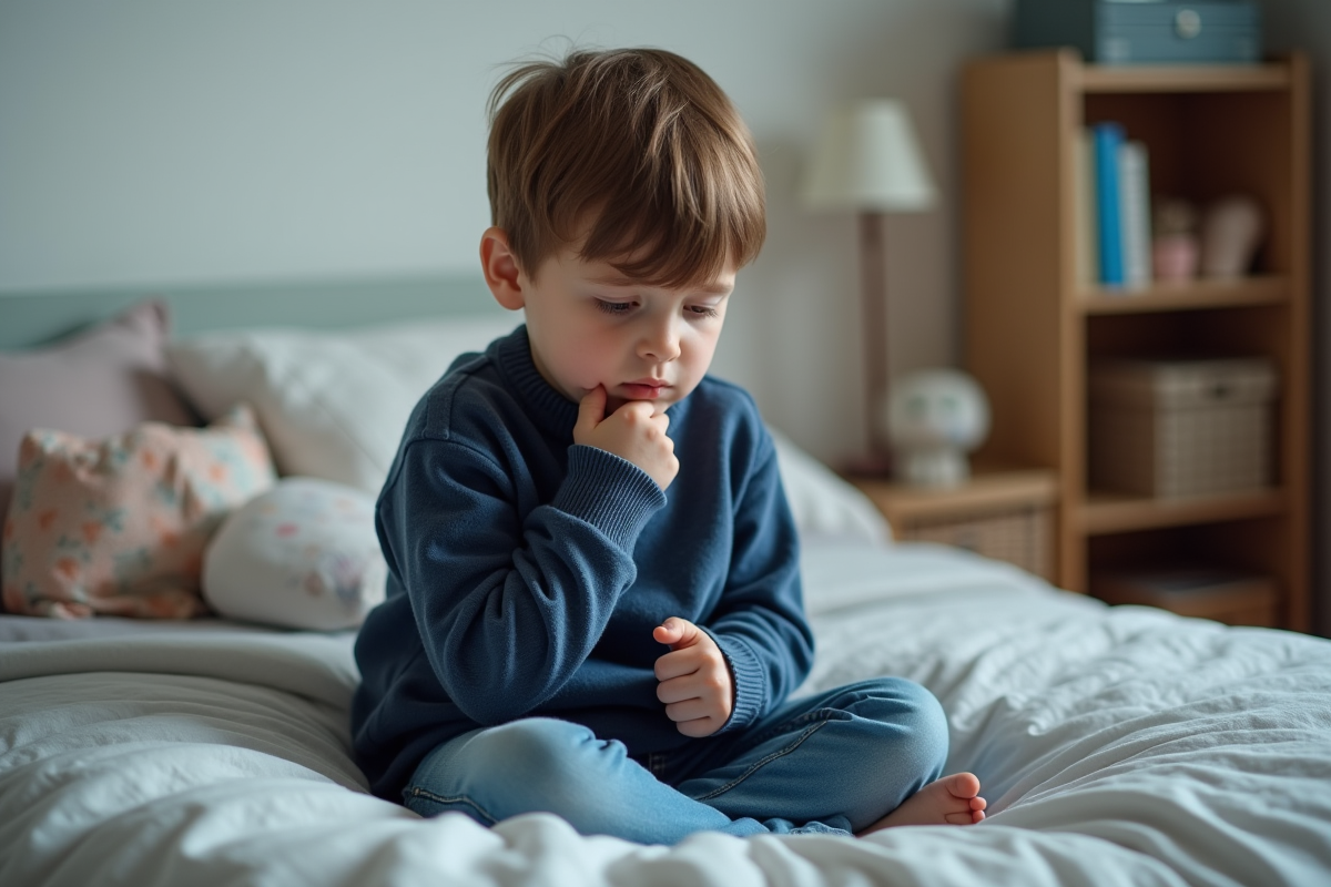 Garçon triste de 8 ans assis sur le lit en chambre
