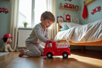 Garçon en pyjama poussant une voiture de pompier rouge dans sa chambre