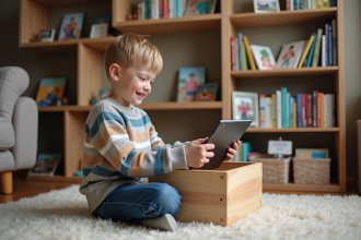 Garçon de 9 ans dans un salon avec tablette et rangement en bois