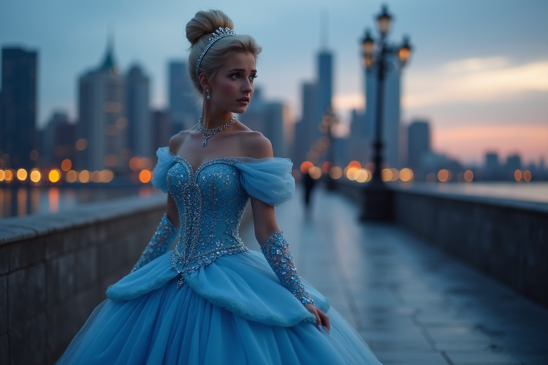 Cendrillon dans un décor féerique avec des éléments sombres en arrière-plan