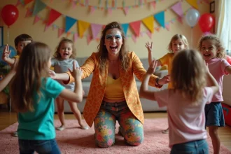 Animateur d'anniversaire divertissant des enfants lors d'une fête joyeuse
