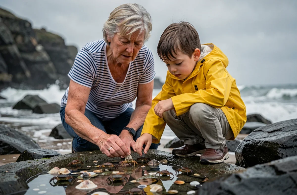 Grand-mère et petit-fils explorant des bassins de marée sur une plage bretonne pendant les vacances scolaires