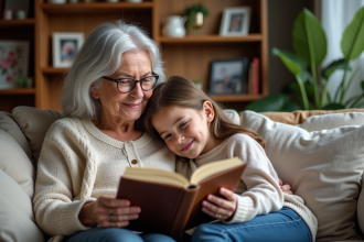 Une grand-mère souriante lit avec sa petite fille dans un salon chaleureux