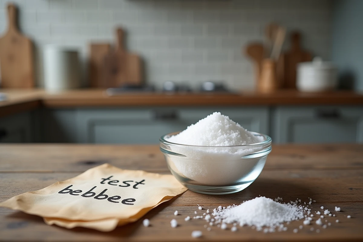 Gros plan sur un bol de sel et une note manuscrite sur un comptoir en bois, test de genre bébé fait maison