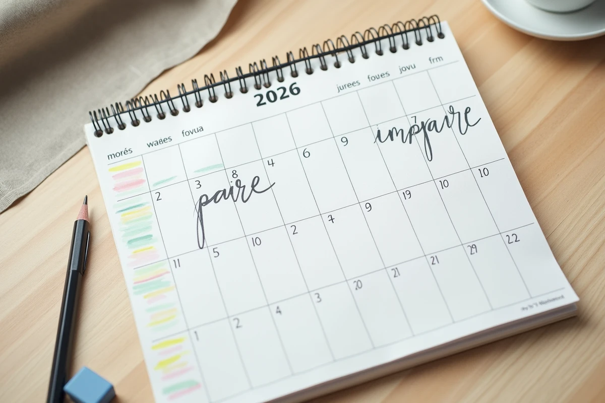Gros plan sur un calendrier de bureau 2026 annoté à la main avec les mentions semaines paires et impaires surlignées