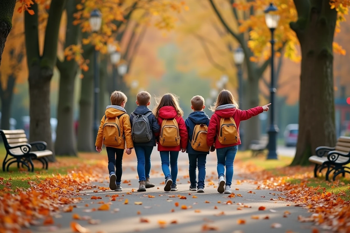 Groupe d'enfants souriants en automne dans un parc parisien