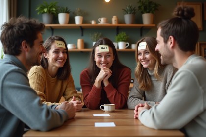 Groupe d'adultes jouant a qui suisje dans une ambiance chaleureuse