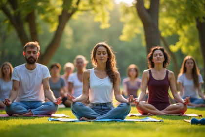 Groupe divers méditant dans un parc ensoleille