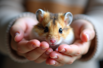 Hamster russe dans les mains d'un enfant en lumière naturelle