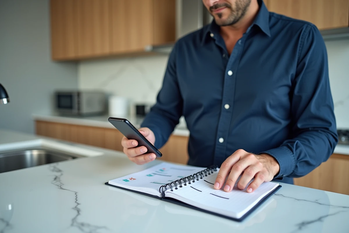 Homme comparant un agenda papier et une application calendrier numérique pour gérer les semaines paires et impaires en 2026