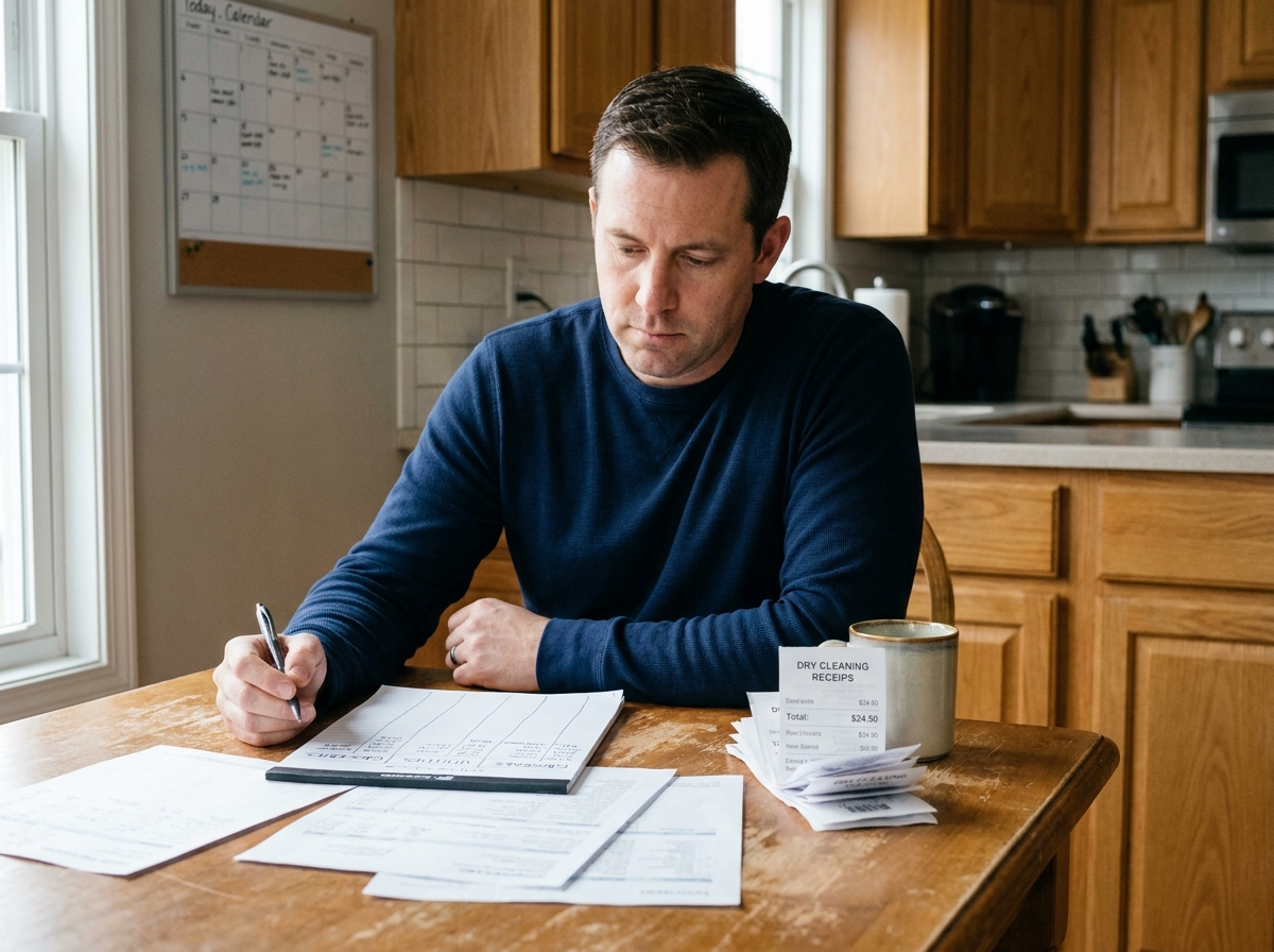 Homme calculant le budget familial avec des reçus de pressing étalés sur la table de cuisine