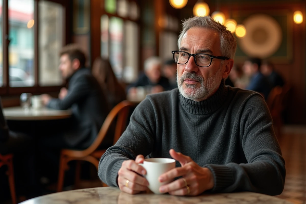 Homme intellectuel en conversation dans une brasserie parisienne traditionnelle, portrait authentique ambiance café français