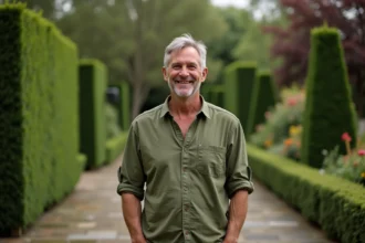 Homme souriant dans un jardin privé luxuriant, ambiance intime et naturelle en couple