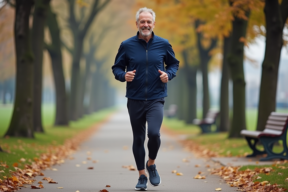 Homme en jogging s’étirant dans un parc en automne