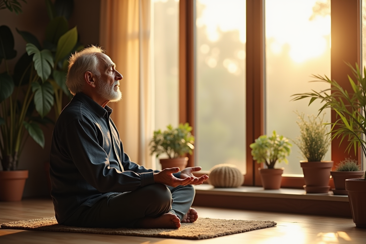 Homme age meditant seul dans un appartement lumineux