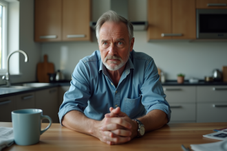 Homme pensif dans une cuisine moderne et chaleureuse