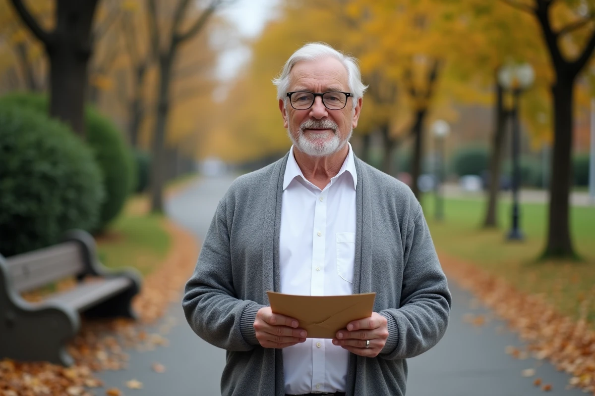 Homme âgé dans un parc en automne tenant une enveloppe