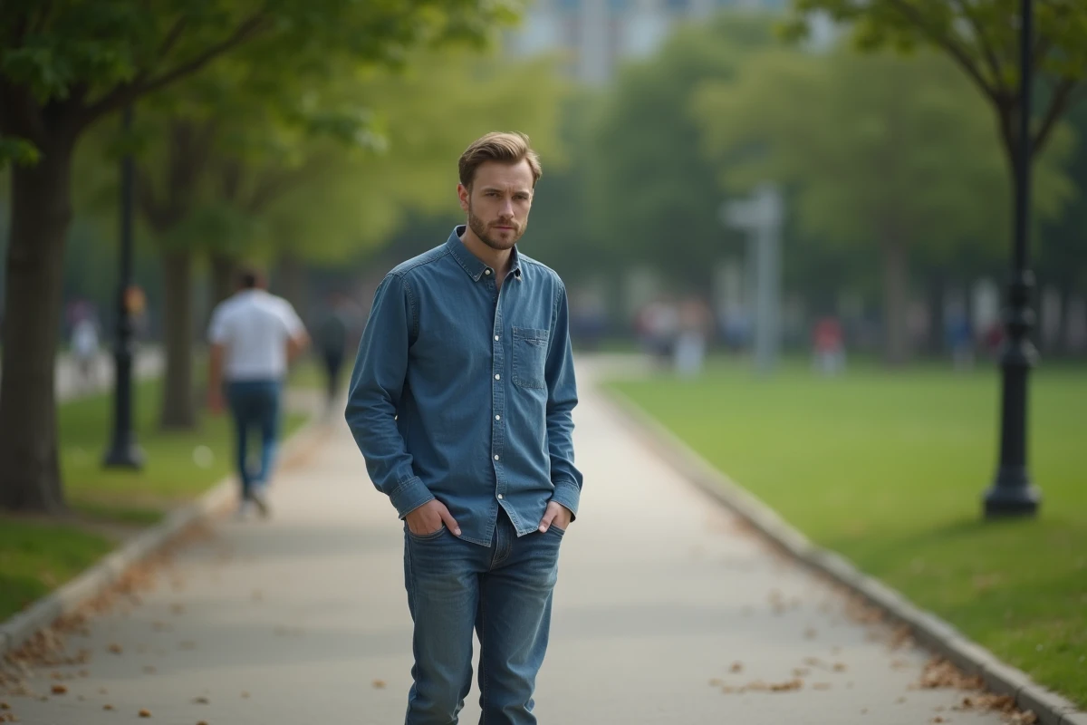 Homme en jeans et shirt dans un parc urbain calme