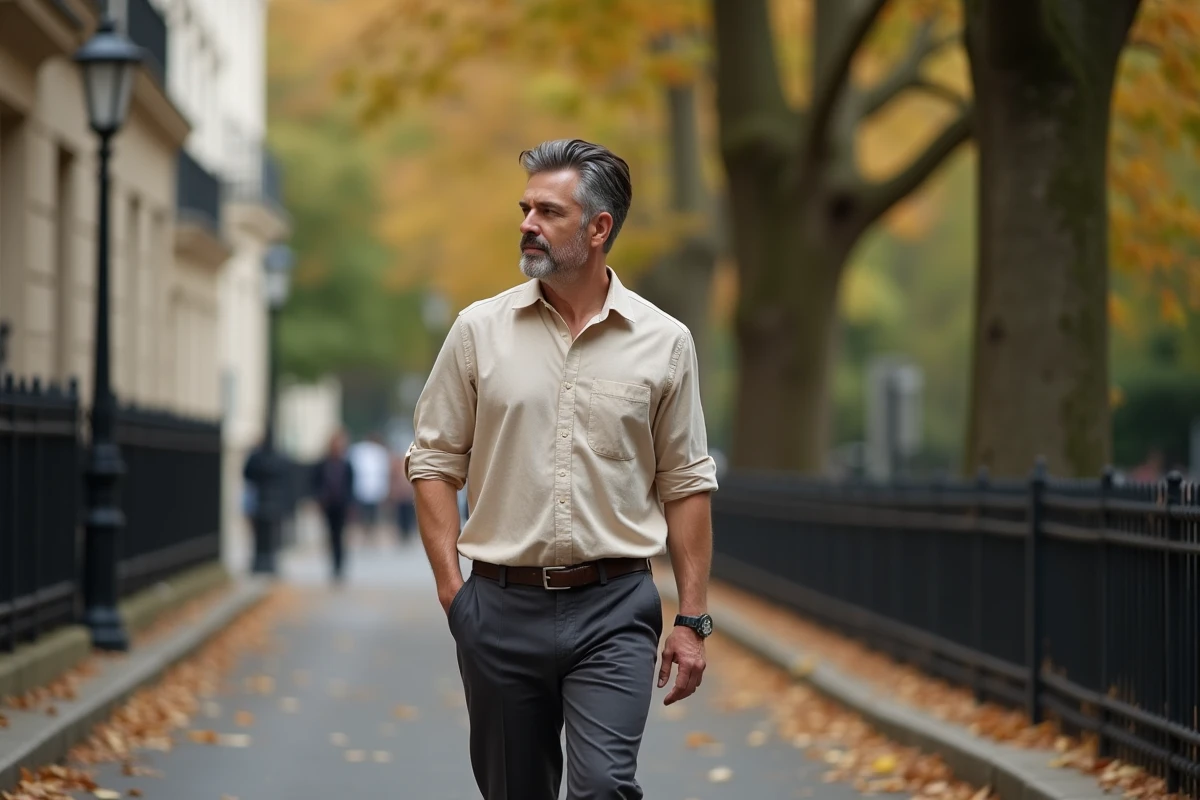 Homme se promenant dans une rue parisienne aux allures haussmanniennes en automne, ambiance urbaine authentique et détendue