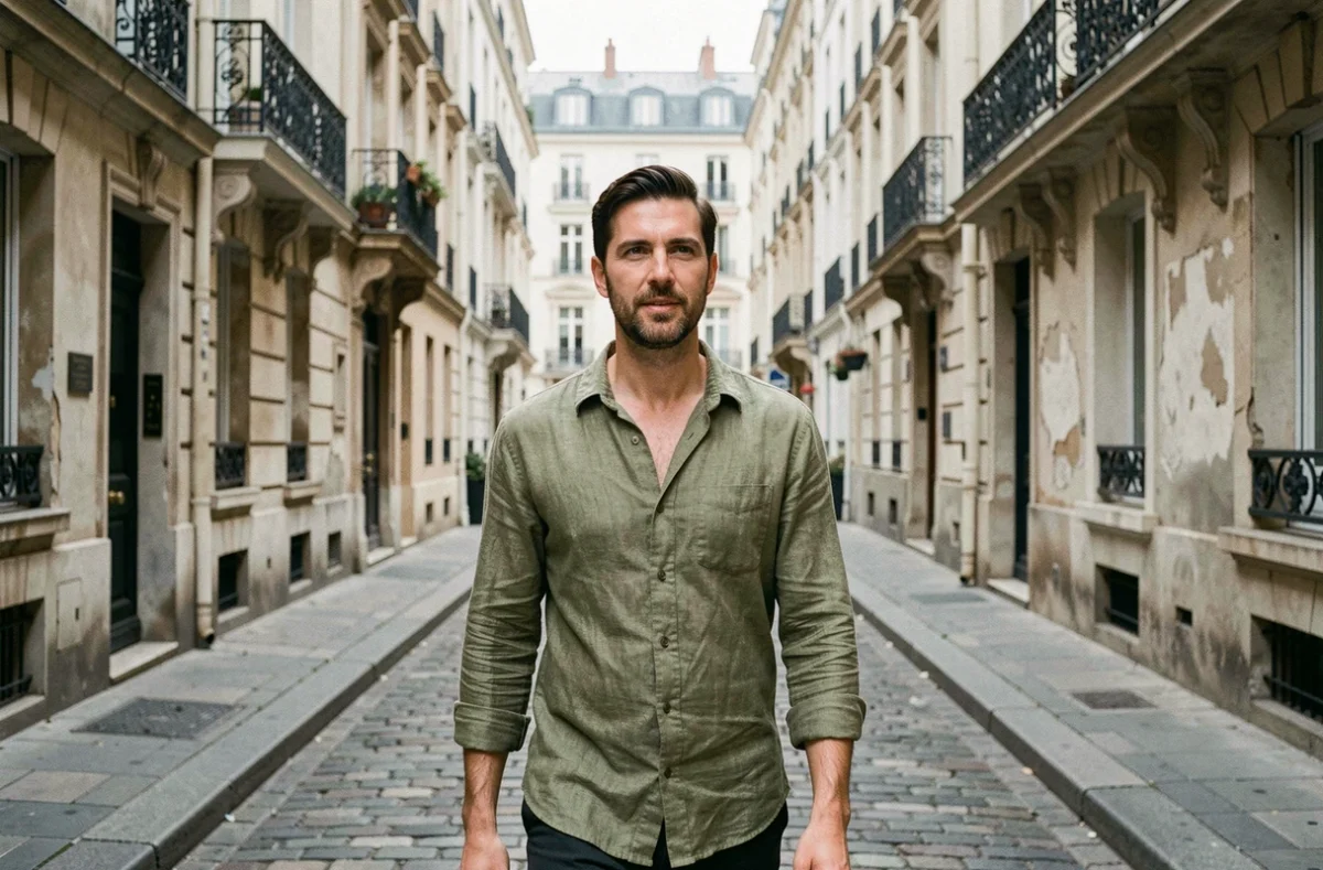 Homme marchant dans une ruelle pavée du vieux Paris, photographie de rue éditoriale en plan large