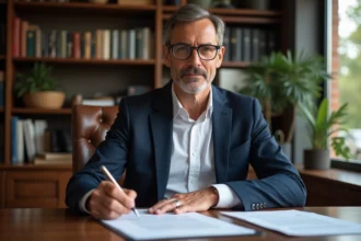 Homme d'âge moyen signant des documents dans un bureau élégant