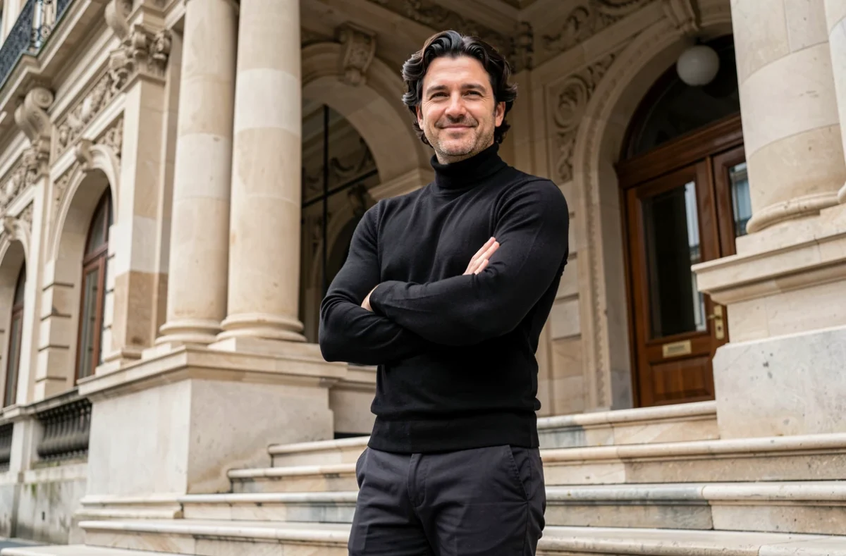 Homme français devant la façade d'un théâtre parisien aux colonnes classiques, portrait éditorial en extérieur