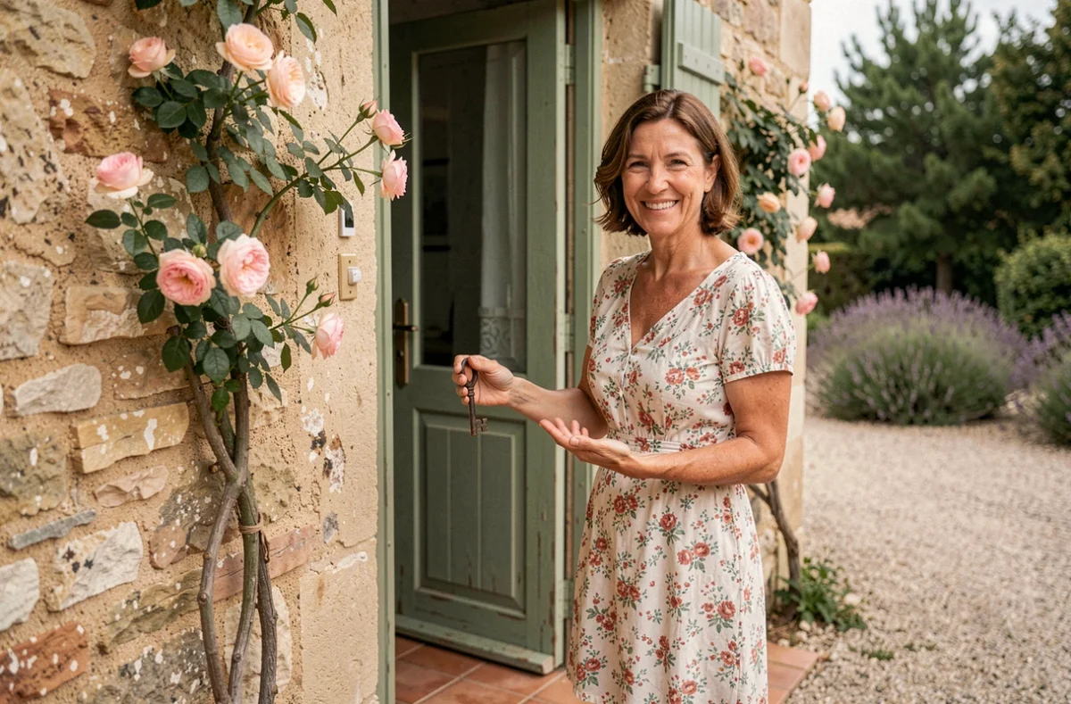 Hôtesse accueillante à l'entrée d'une chambre d'hôtes provençale en pierre avec roses grimpantes