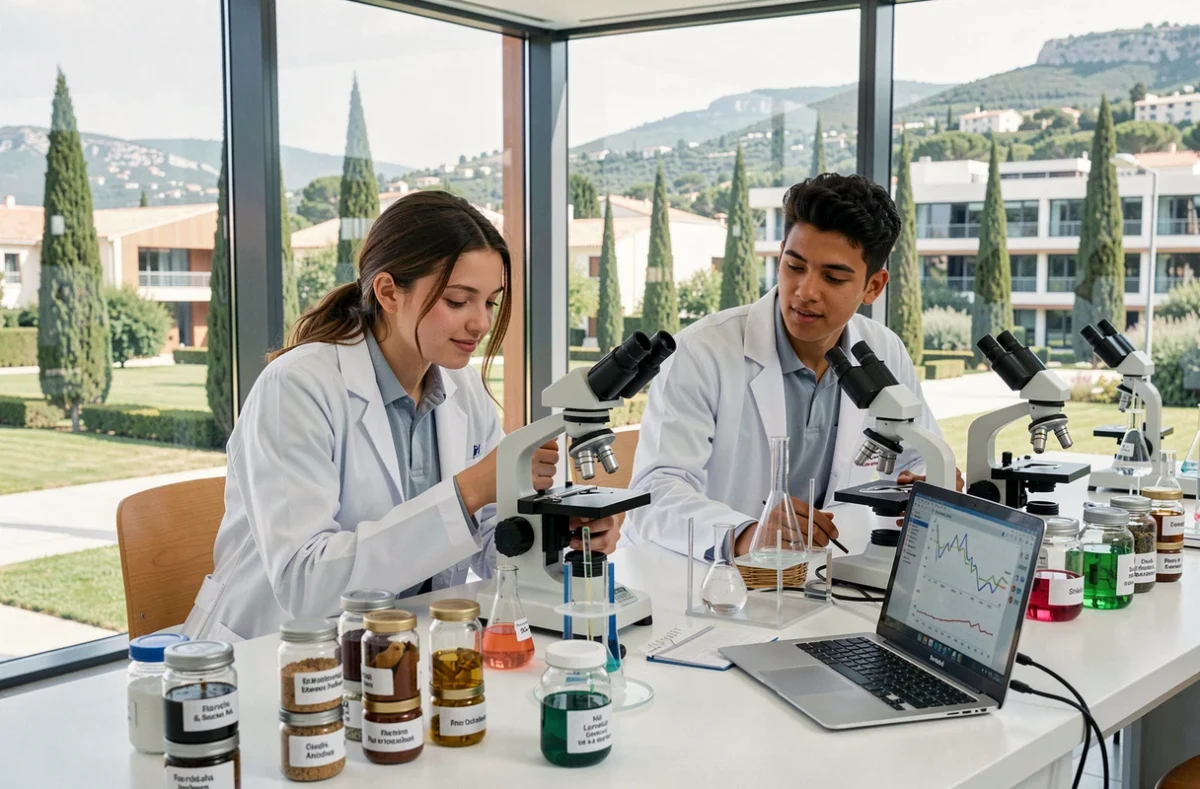 Deux lycéens collaborant sur un projet scientifique dans le laboratoire moderne de l'ICS Côte d'Azur