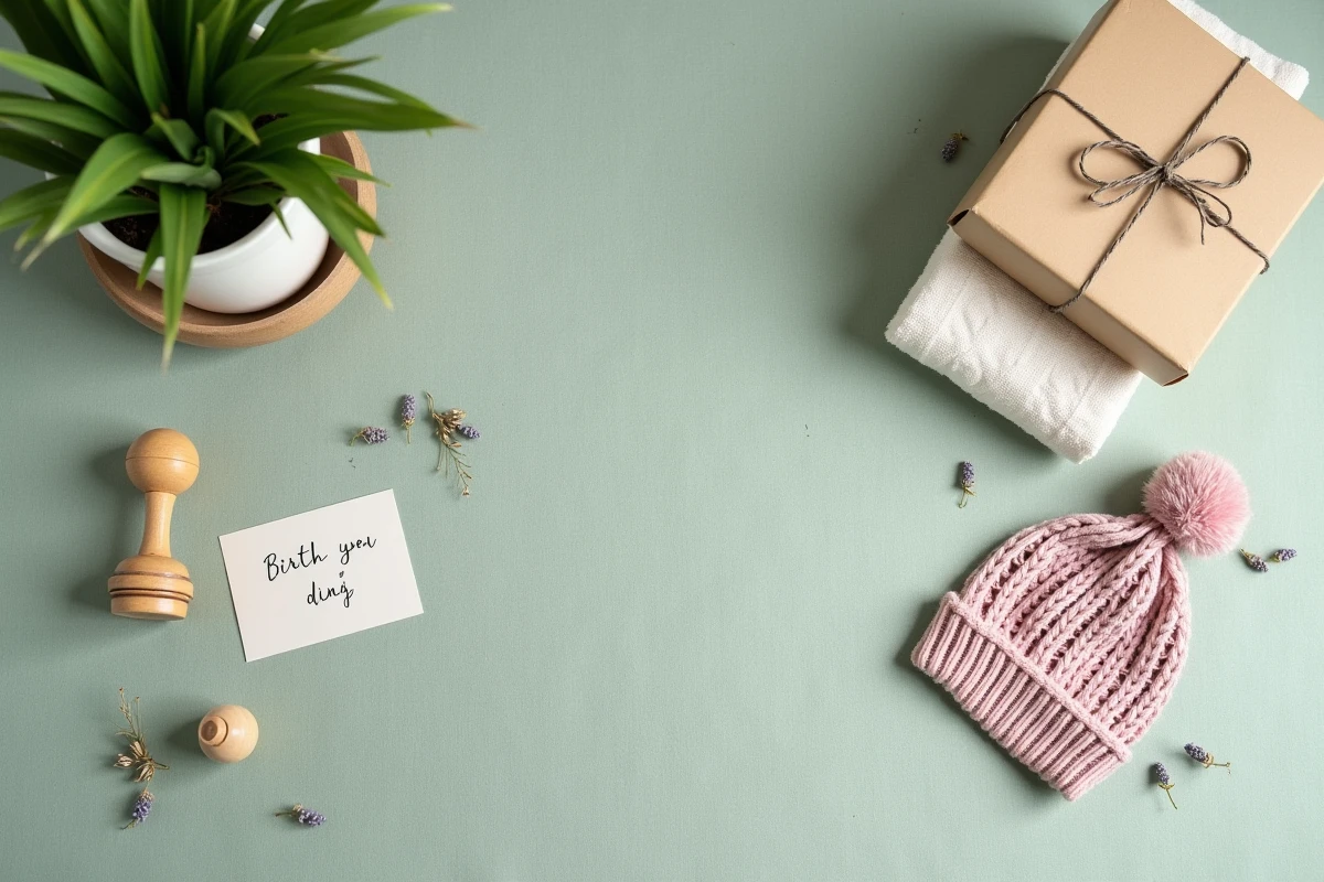 Assortiment de petits cadeaux de naissance économiques disposés en flat lay sur un tissu lin vert sauge