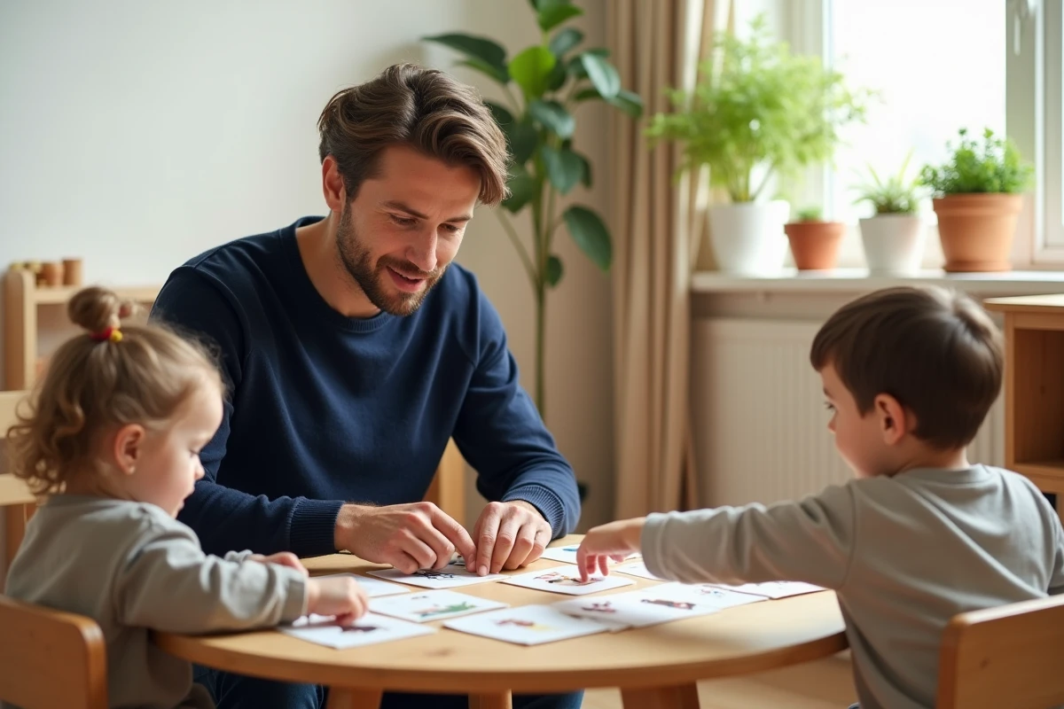 Éducateur Montessori présentant un imagier classique à deux jeunes enfants autour d'une table en bois dans une salle de classe