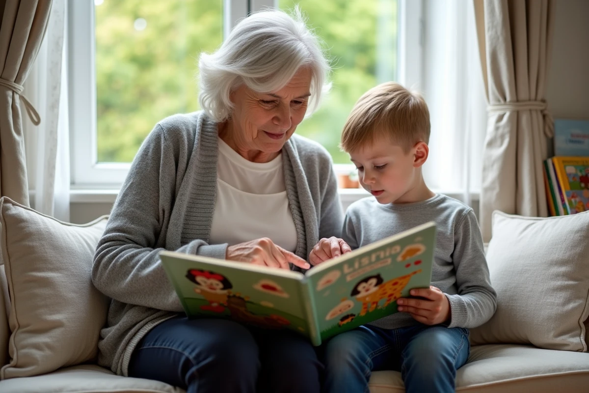Grand-mère lisant un imagier avec un jeune enfant sur un banc près d'une fenêtre dans un espace lecture cosy à la maison
